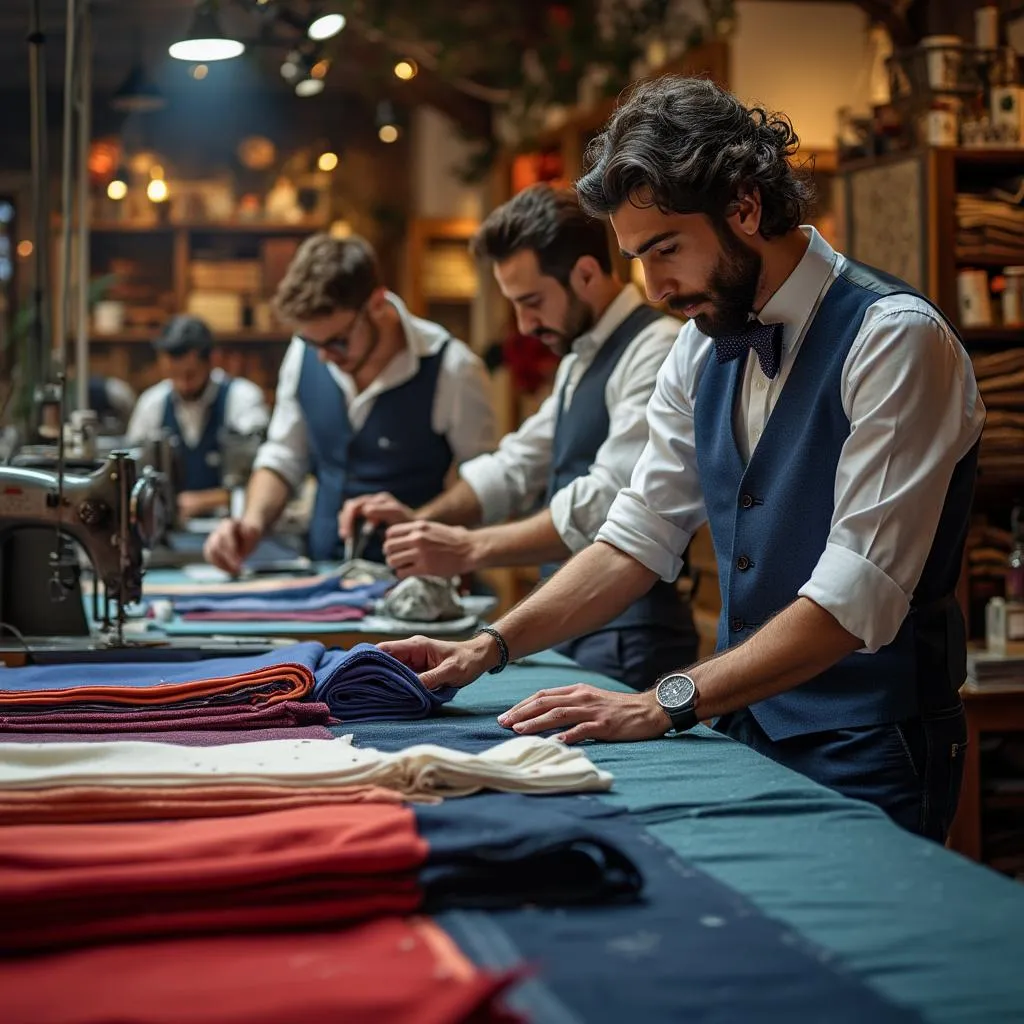 Interno dell'atelier con sarti al lavoro